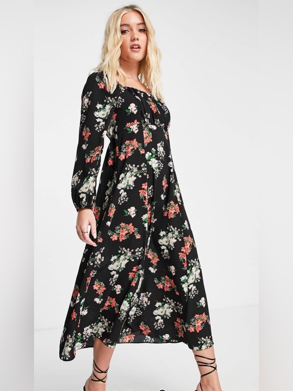 ASOS Black Floral Midi Dress with Red and Cream Blooms